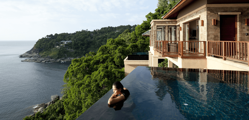 Lady in pool looking far